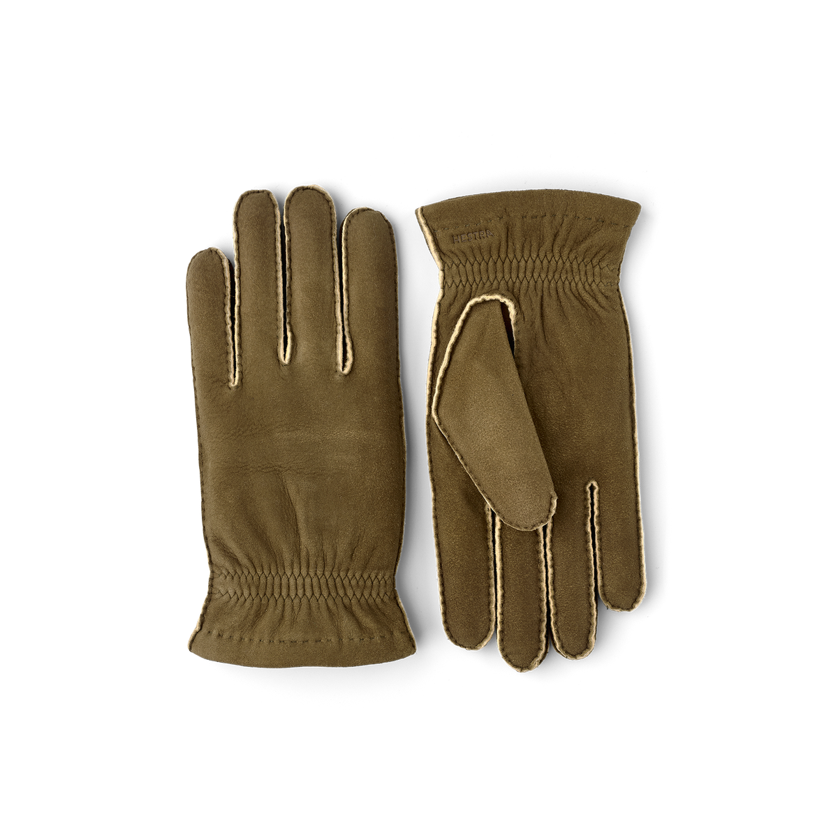 Moss green suede protective glove with elasticated wrist