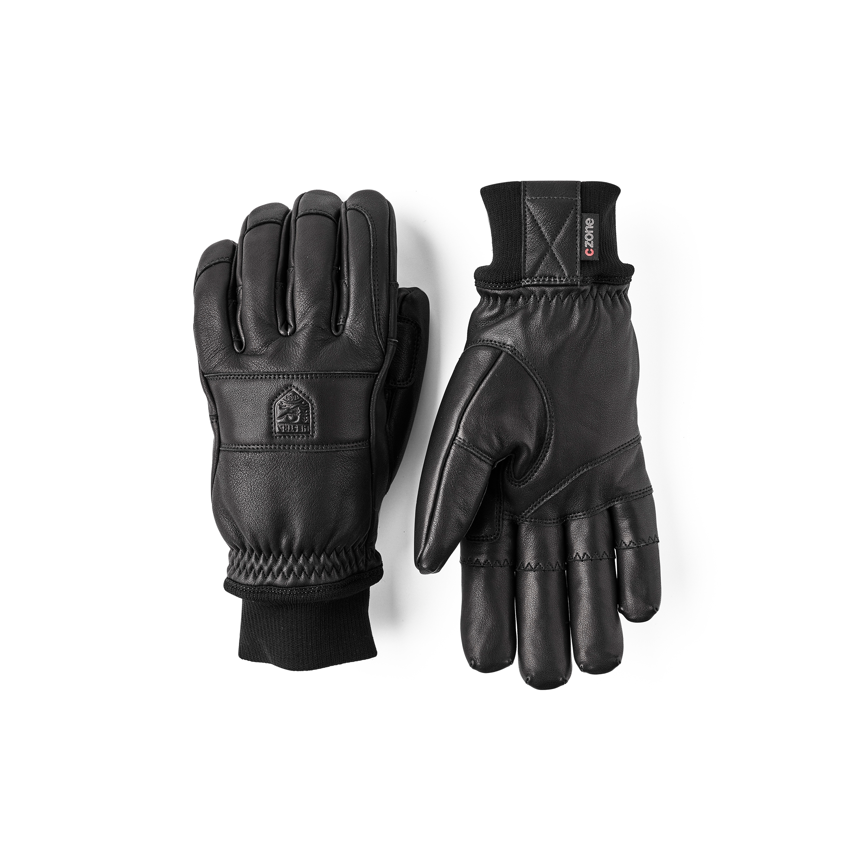 Black cow hide ski glove with black ribbed cuff