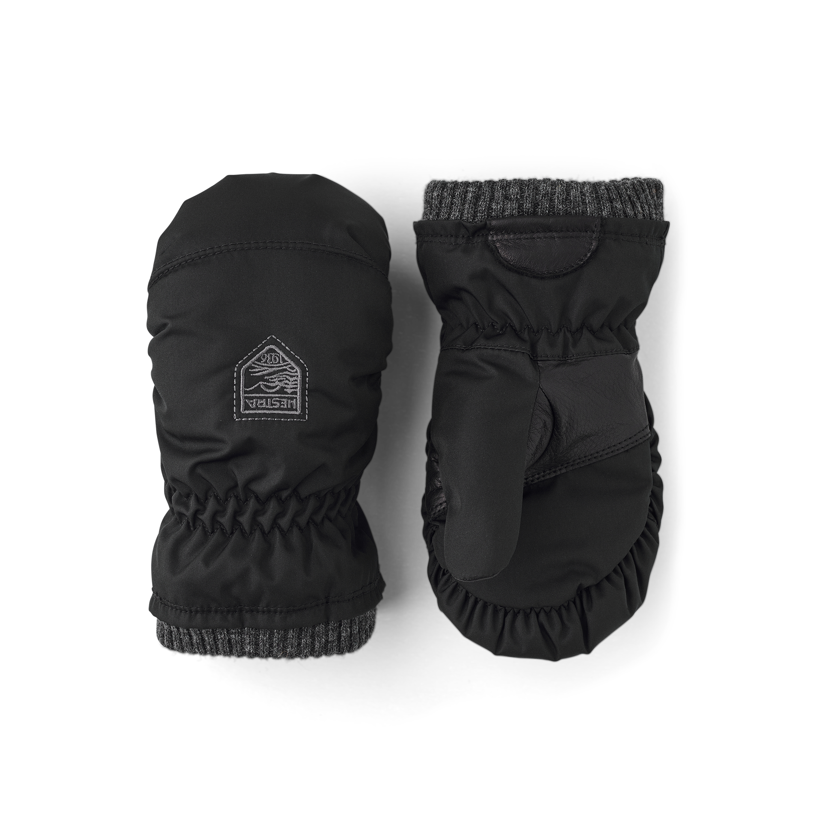 Black fabric mitten with hairsheep cuff and palm