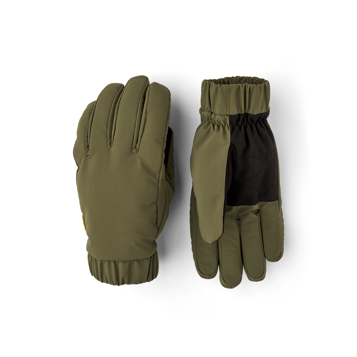 Green fabric glove with elasticated fabric cuff and black palm