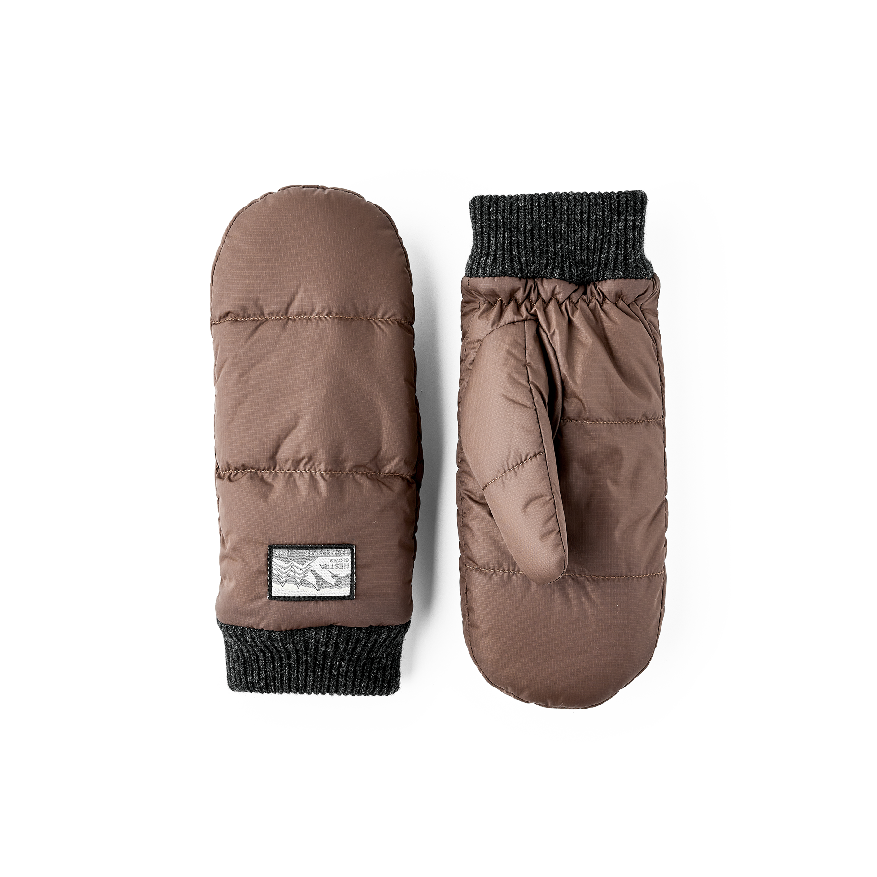 Brown fabric mitten with dark gray knitted cuff