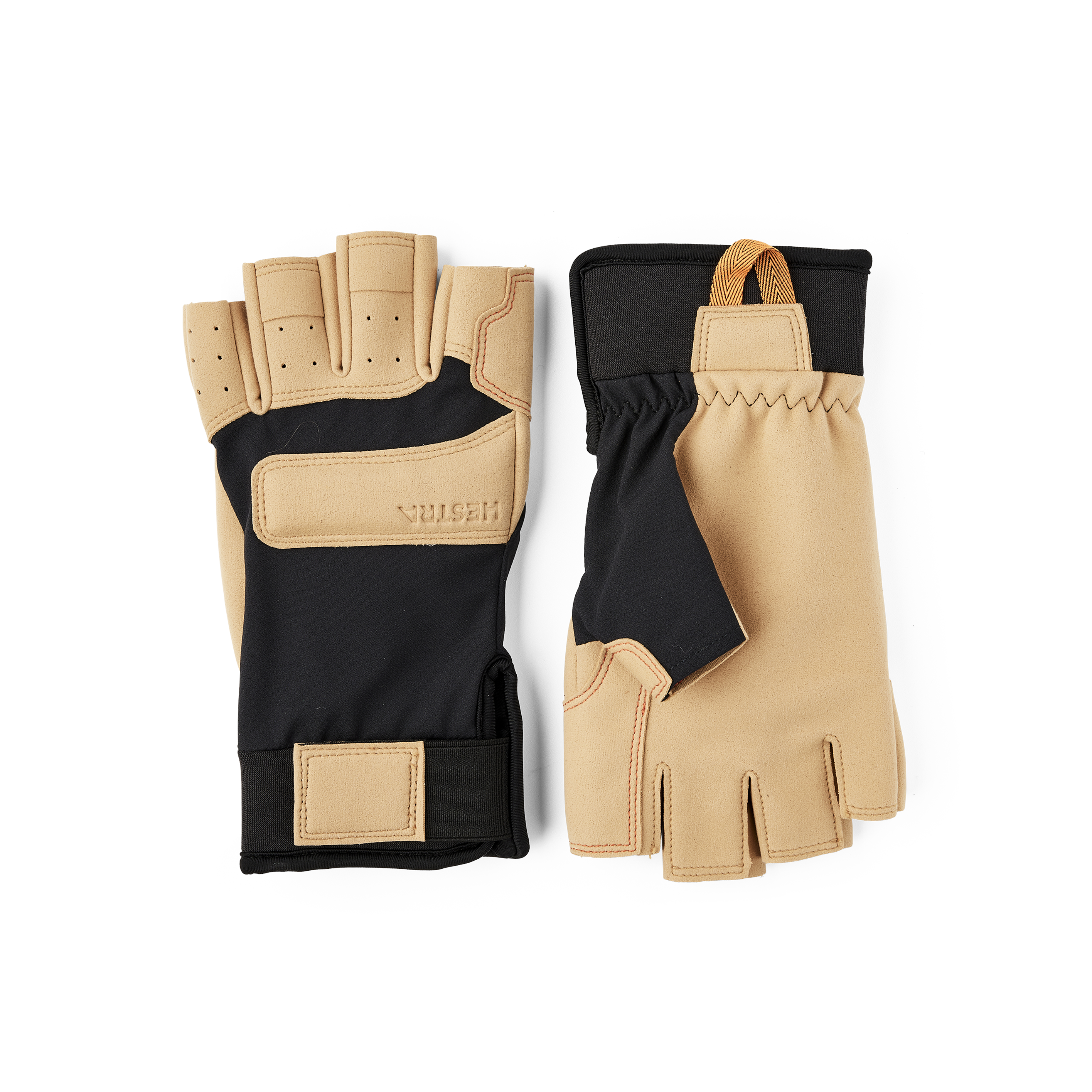 Black and light brown fabric and synthetic suede fingerless glove