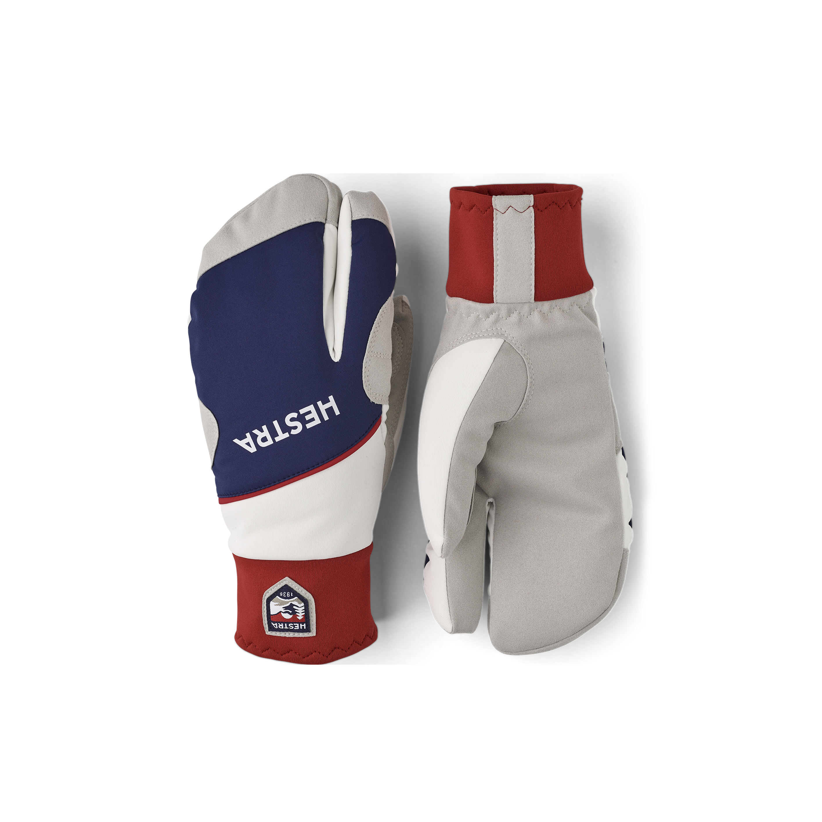 Blue and red fabric three finger glove with gray synthetic suede palm