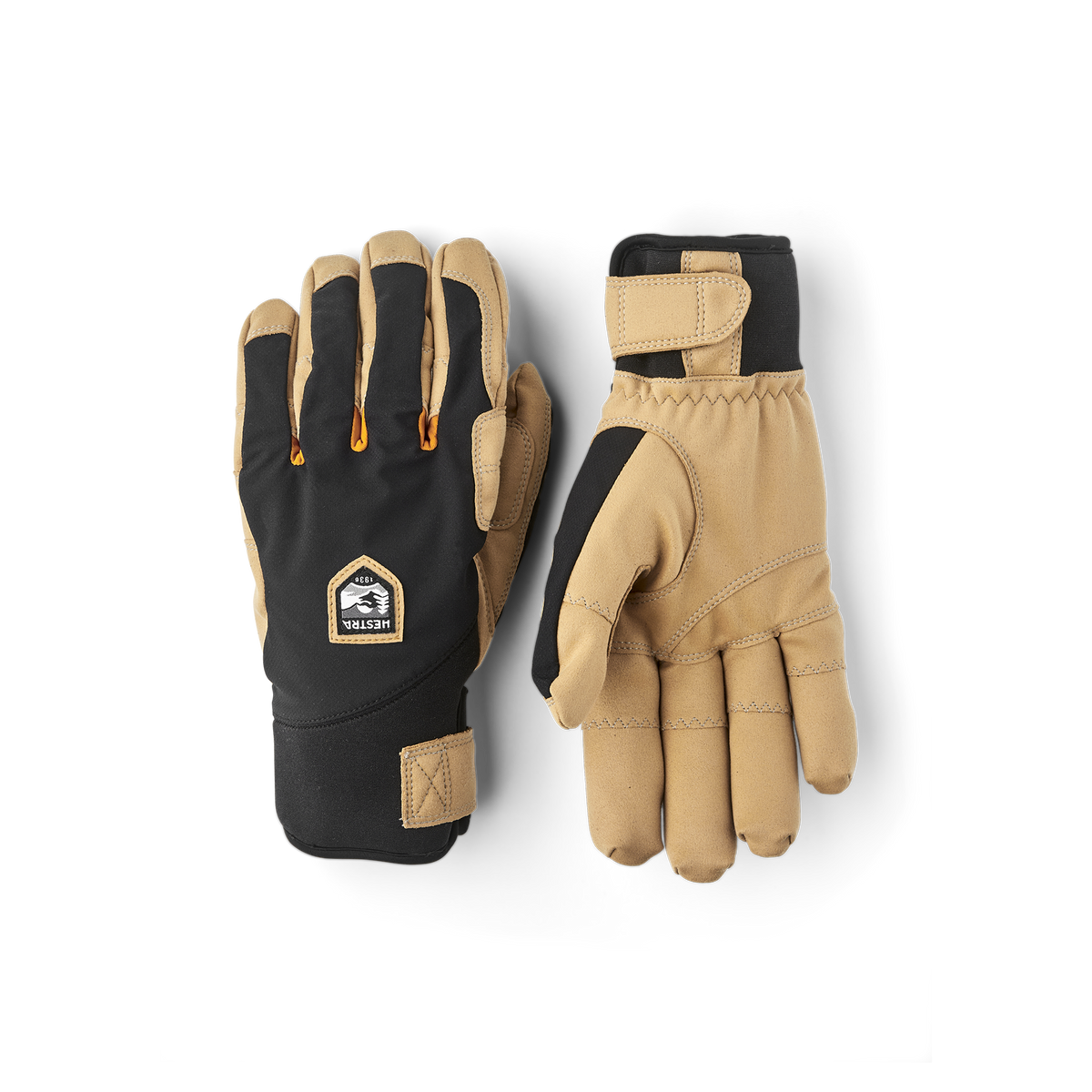 Black fabric climbing glove with light brown synthetic suede palm