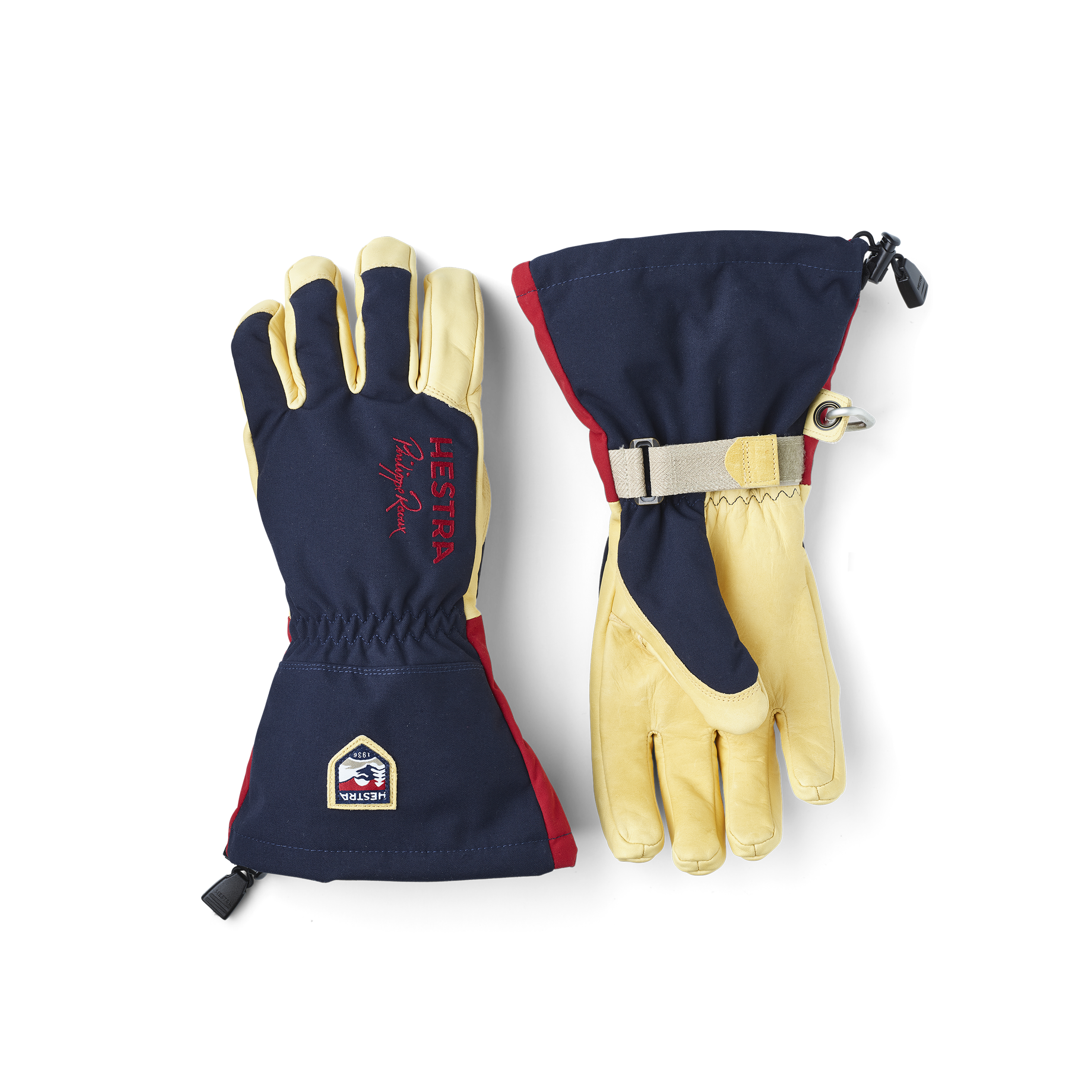 Blue ski glove with yellow cow hide palm