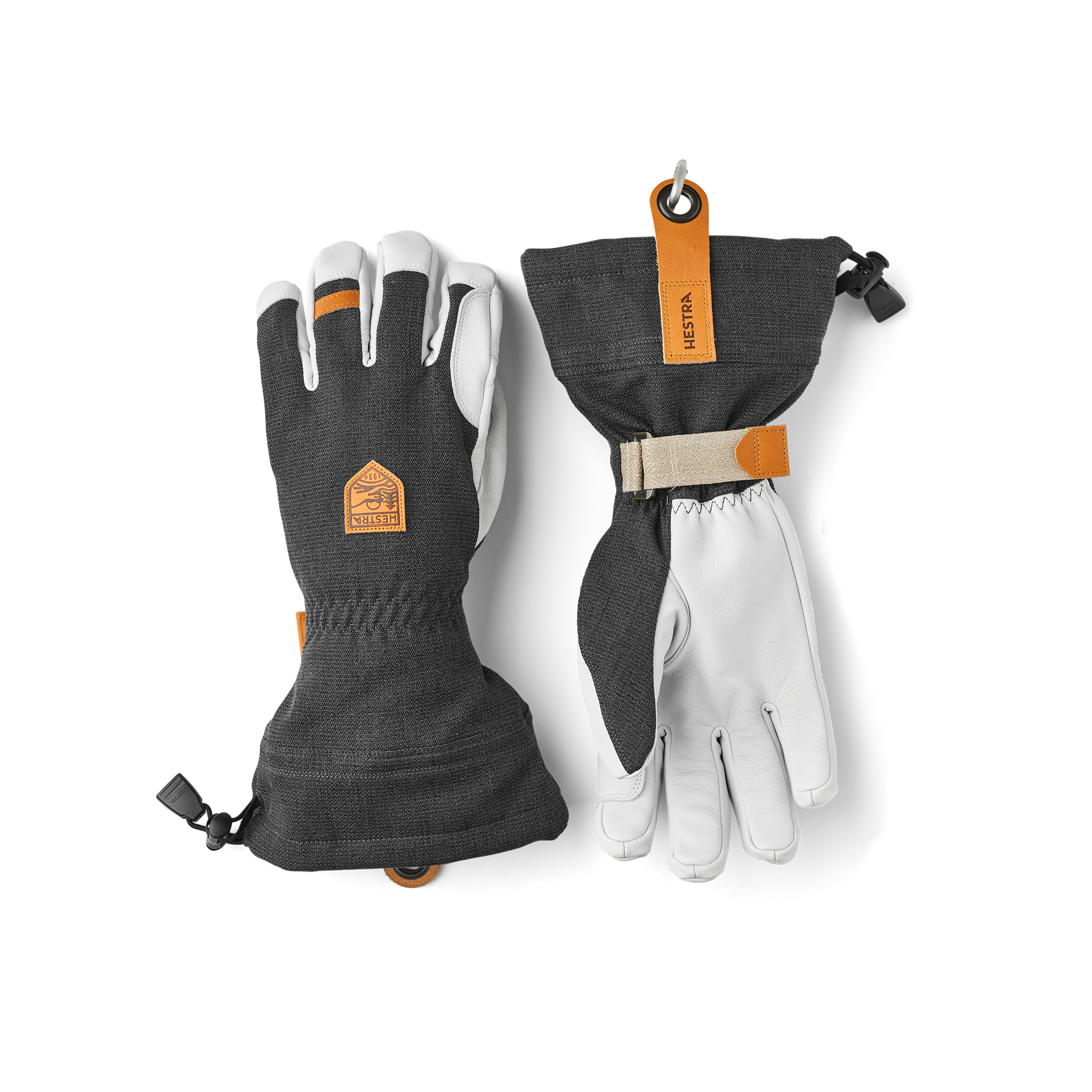 Dark gray ski glove with white goat leather palm