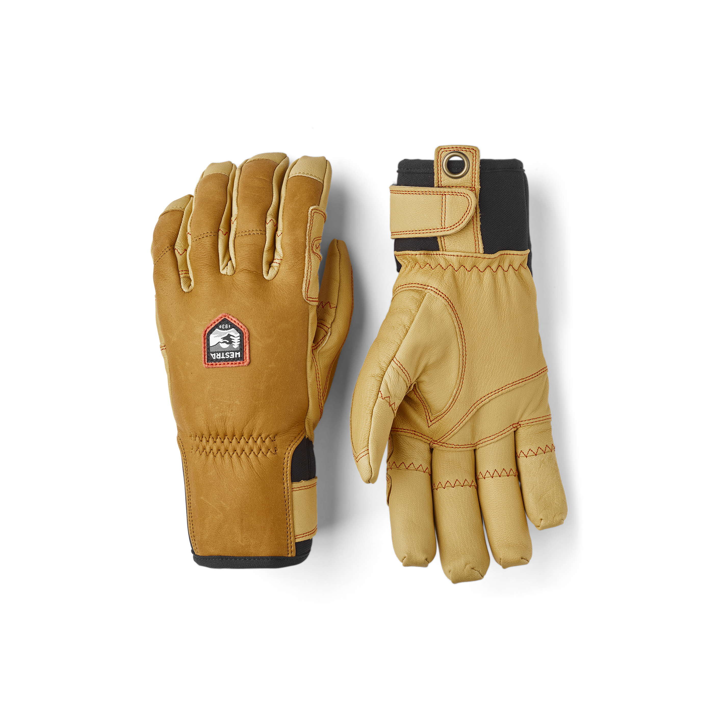 Light yellowish-brown cow hide ski glove with light brown goat leather palm