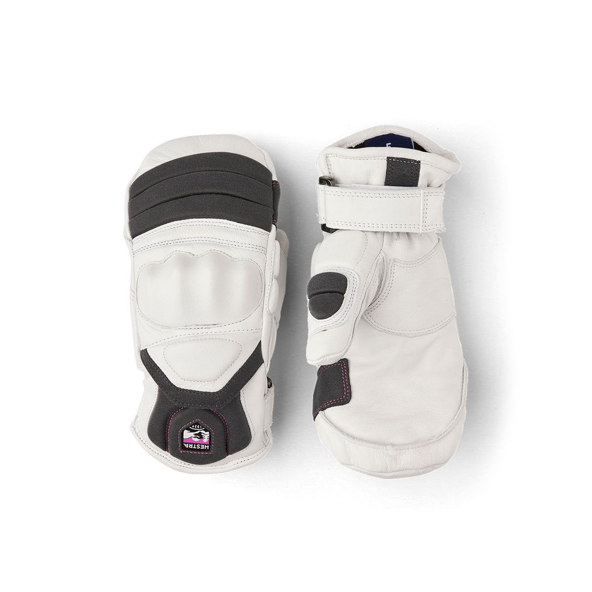 White mitten with gray and pink goat leather details and synthetic suede palm